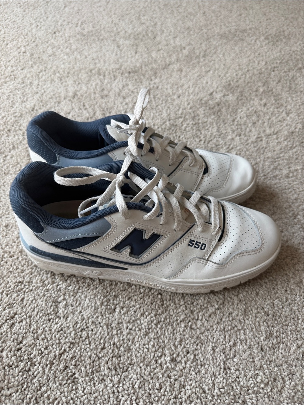 New Balance White and Navy 550 Low-Top Sneakers